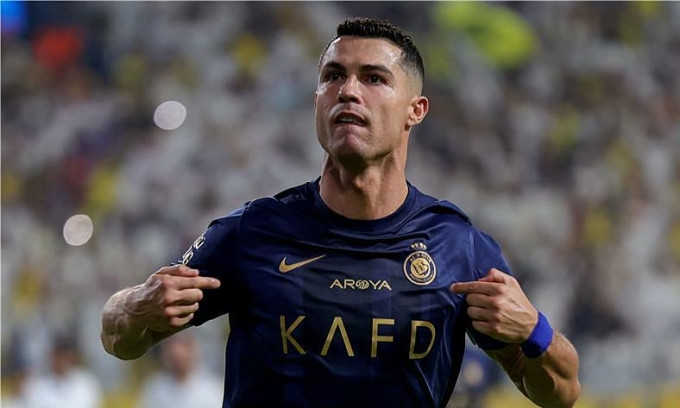 Ronaldo mừng bàn thứ 850 trong sự nghiệp, trên sân King Abdullah Sports City, thành phố Jeddah, Arab Saudi ngày 2/9/2023. Ảnh: AFP