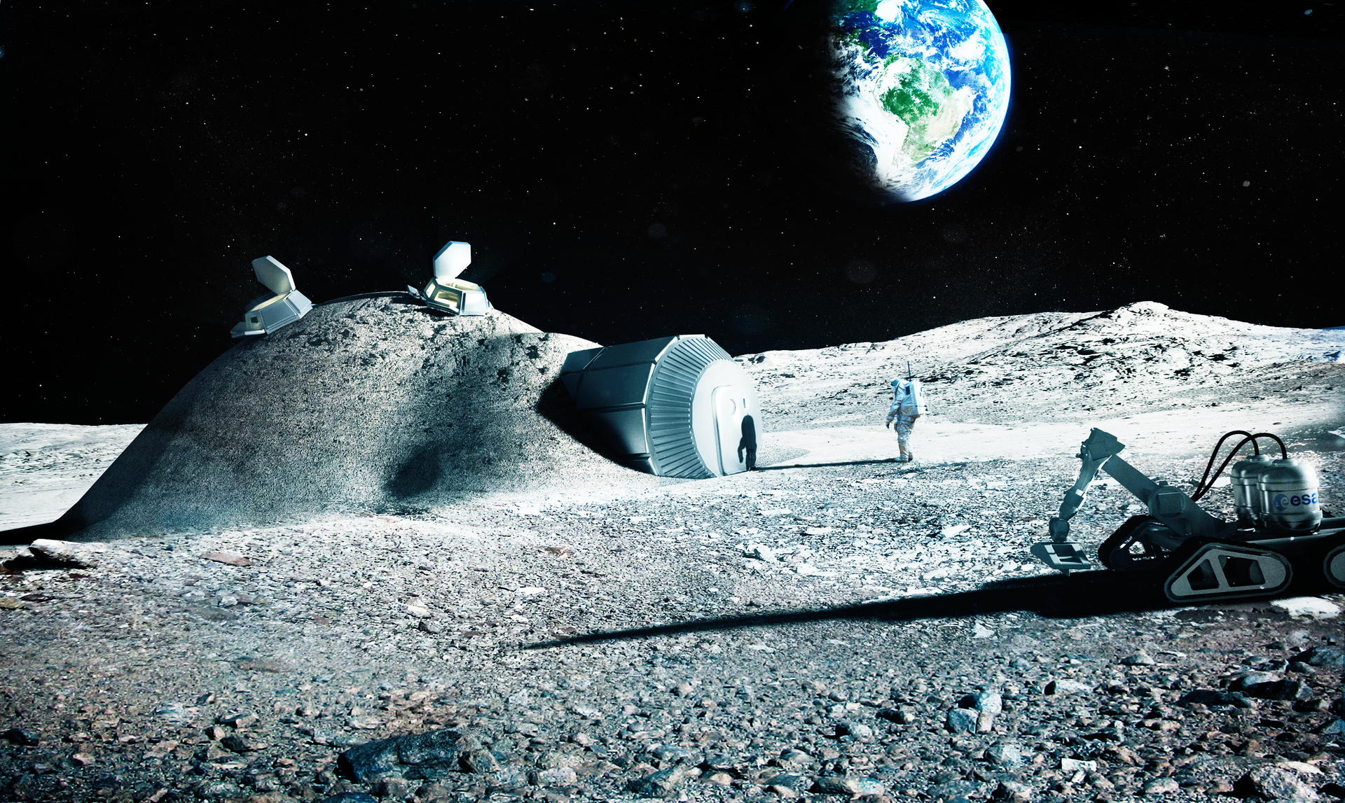 Bước đầu tiên hướng tới việc thiết lập căn cứ trên Mặt trăng là tạo ra các yếu tố cơ sở hạ tầng, chẳng hạn như đường sá, bãi đáp dành cho xe tự hành, tàu vũ trụ, tên lửa. (Ảnh: Google)