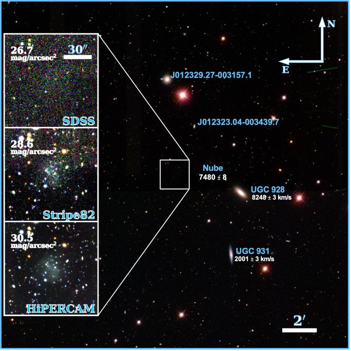 Thiên hà Nube được đánh dấu bằng một ô vuông đen đặc trong ảnh quan sát tổng thể, chỉ hiện ra lờ mờ trong các quan sát chi tiết hơn ( Ảnh: Montes et al)