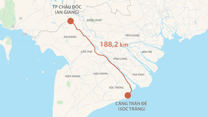 Hướng tuyến cao tốc Châu Đốc - Cần Thơ - Sóc Trăng. Đồ họa: Thanh Huyền