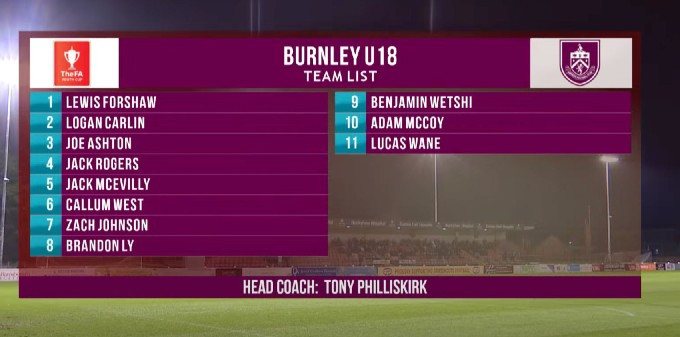 Brandon Ly xuất hiện trong đội hình chính của U18 Burnley.