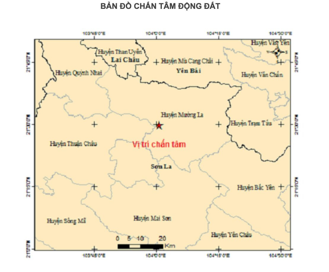 Bản đồ tâm chấn động đất ở tỉnh Sơn La.