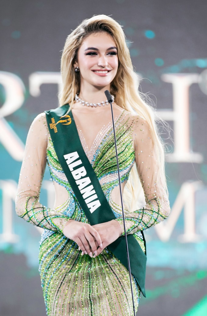 Miss Earth 2023 Drita Ziri during the pageant’s Q&A portion on Dec. 22, 2023. Photo: Team Kieng Can