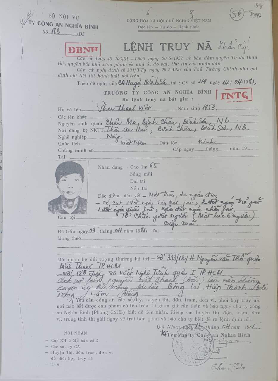 Lệnh truy nã bị can Phan Thanh Việt được Công an tỉnh Nghĩa Bình ban hành ngày 14-4-1981 - Ảnh: Công an Quảng Ngãi