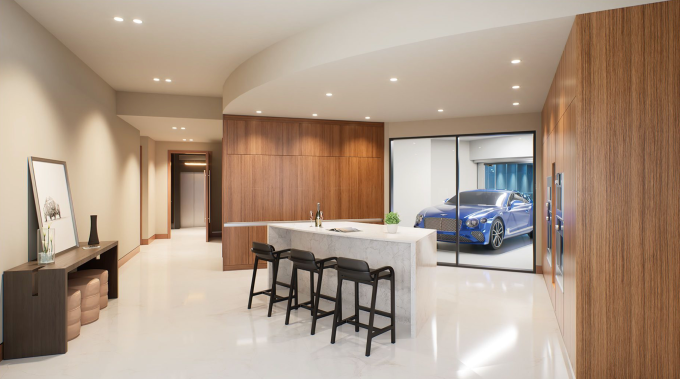 Mẫu thiết kế không gian căn hộ được trưng bày thêm siêu xe sau khi tòa nhà Bentley Residences đi vào hoạt động. Ảnh: Bentley Residences