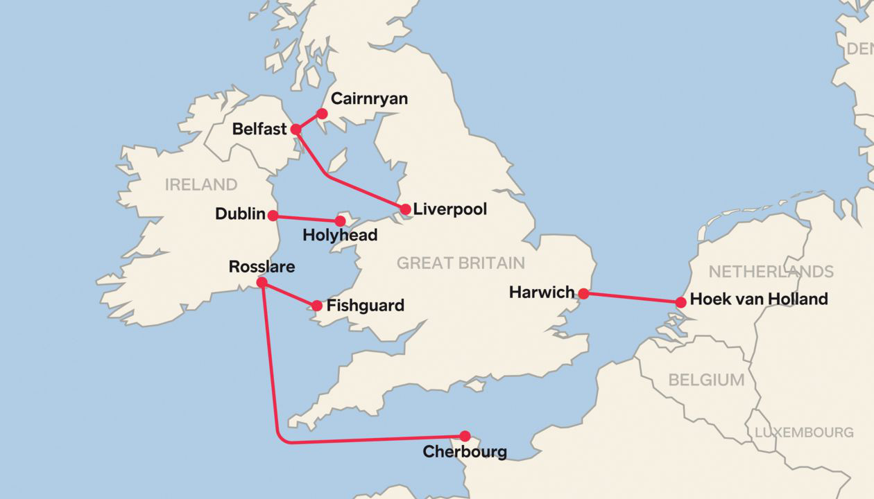 Các tuyến đường biển nối các cảng của Ireland, Vương quốc Anh và Bắc Ireland với châu Âu - Ảnh chụp màn hình Stena Line