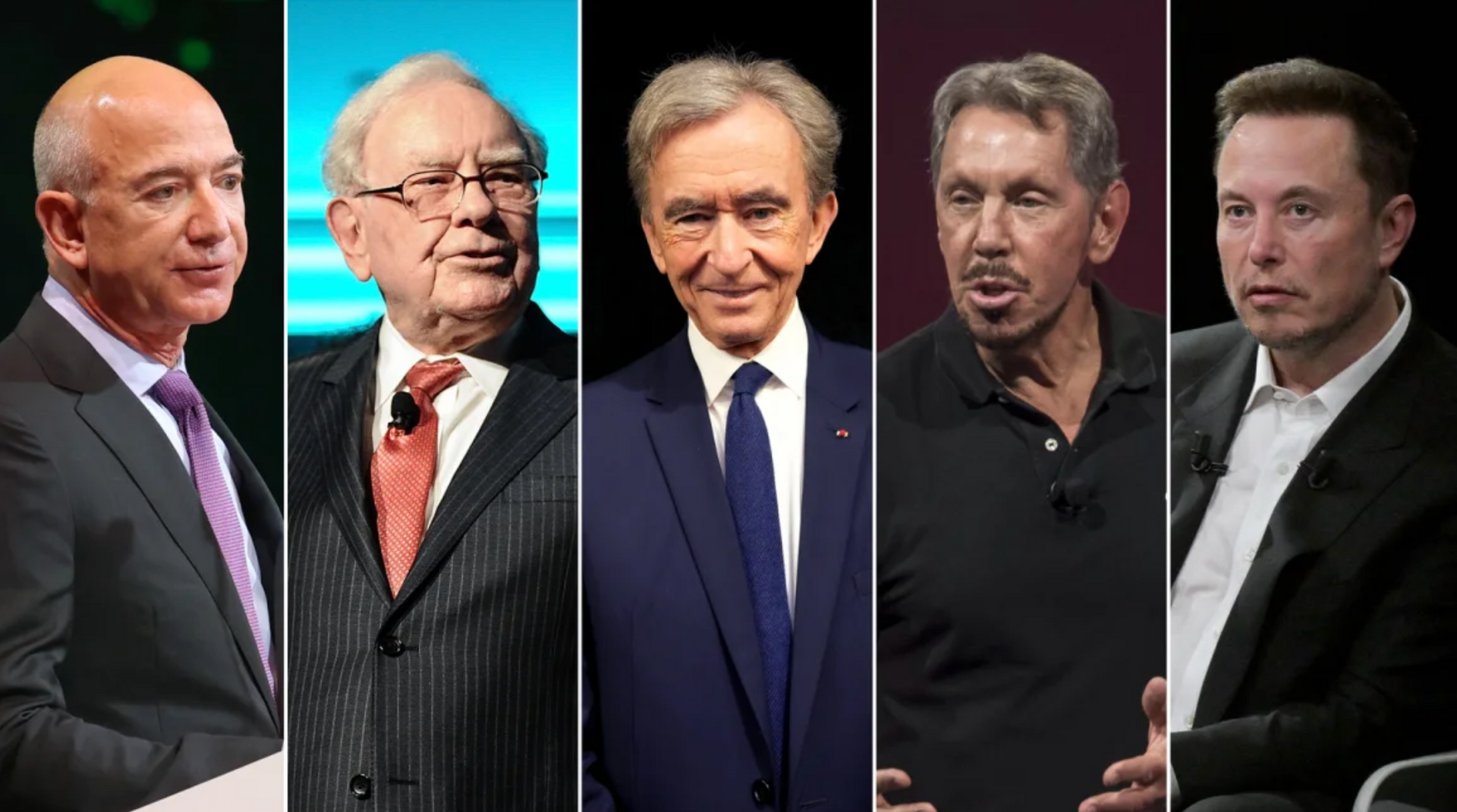5 tỉ phú giàu nhất thế giới (từ trái qua) gồm Jeff Bezos, Warren Buffett, Bernard Arnault, Larry Ellison và Elon Musk - Ảnh: GETTY IMAGES