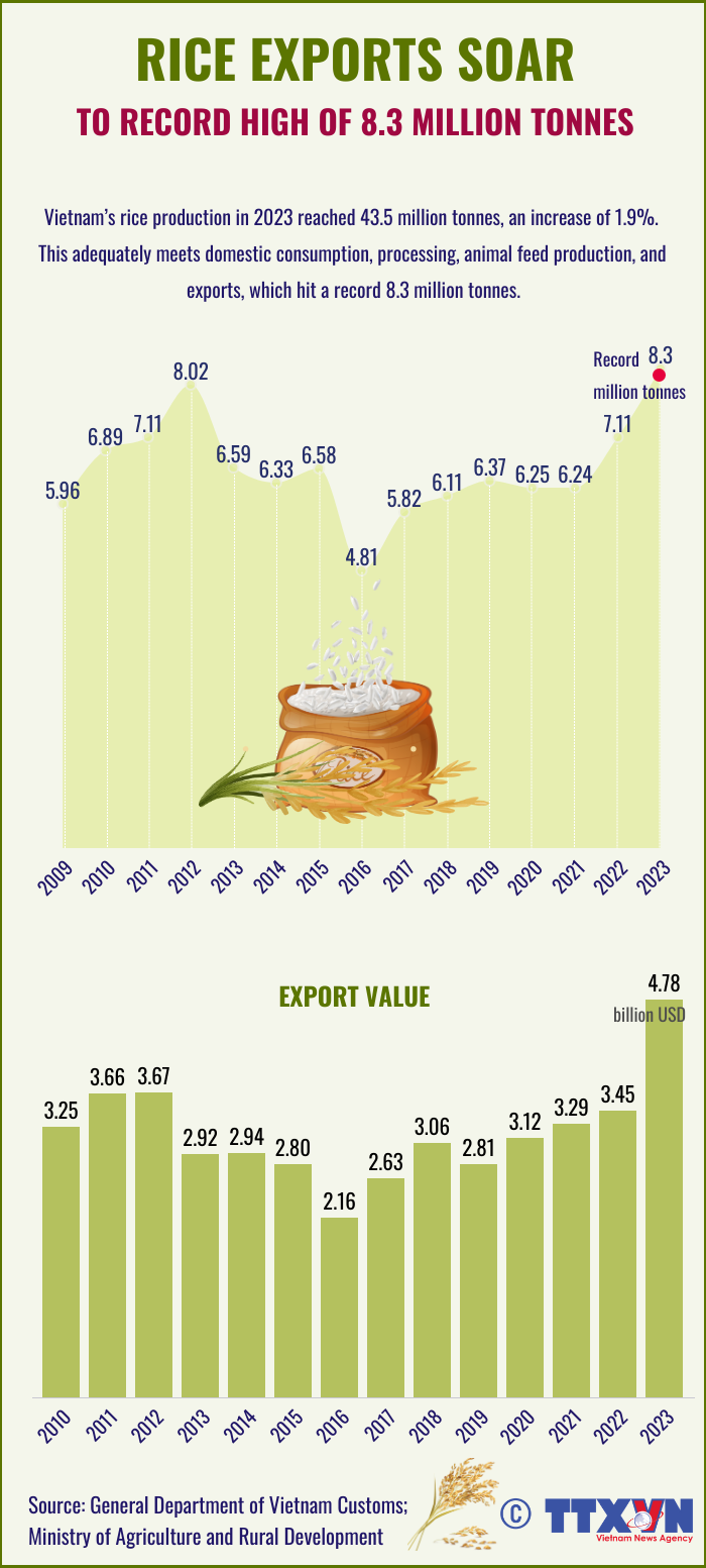 Rice exports soar to record 8.3 million tonnes hinh anh 1
