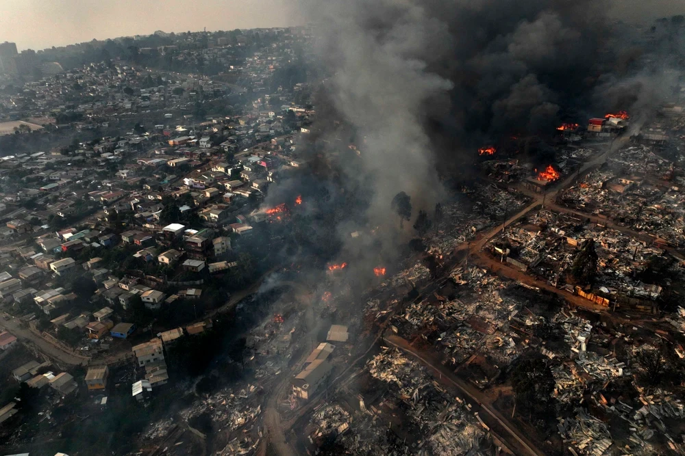 Một khu vực bị ảnh hưởng bởi cháy rừng tại Vina del Mar, Chile ngày 3/2/2024. (Ảnh: AFP/TTXVN)