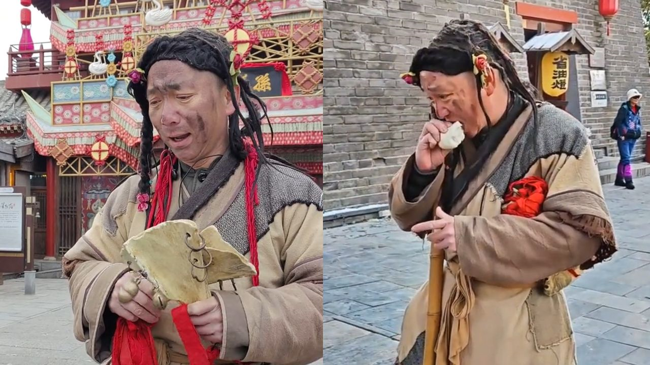 Lý Kim Cang 'đóng đinh' với vai ăn xin ở công viên Thanh Minh Thượng Hà, tỉnh Hà Nam, Trung Quốc, suốt 12 năm. (Ảnh: Baidu)