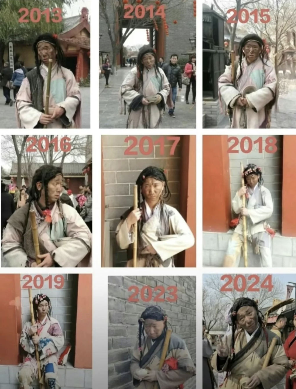 Tạo hình ăn xin của Lý Kim Cang từ năm 2013 - 2024. (Ảnh: Odditycentral)
