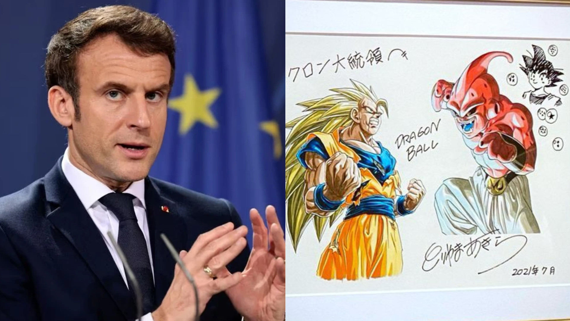 Tổng thống Pháp đăng tải lời chia buồn và bức tranh kỷ niệm có chữ ký của Akira Toriyama - Ảnh: X