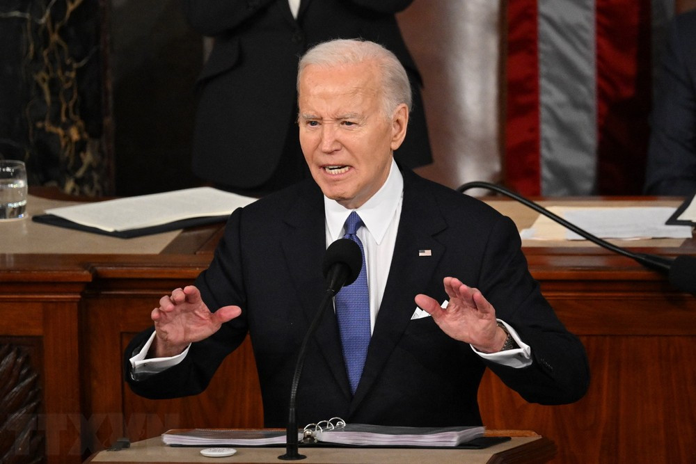 Tổng thống Mỹ Joe Biden trình bày Thông điệp liên bang trước Quốc hội, ngày 7/3/2024. (Ảnh: AFP/TTXVN)
