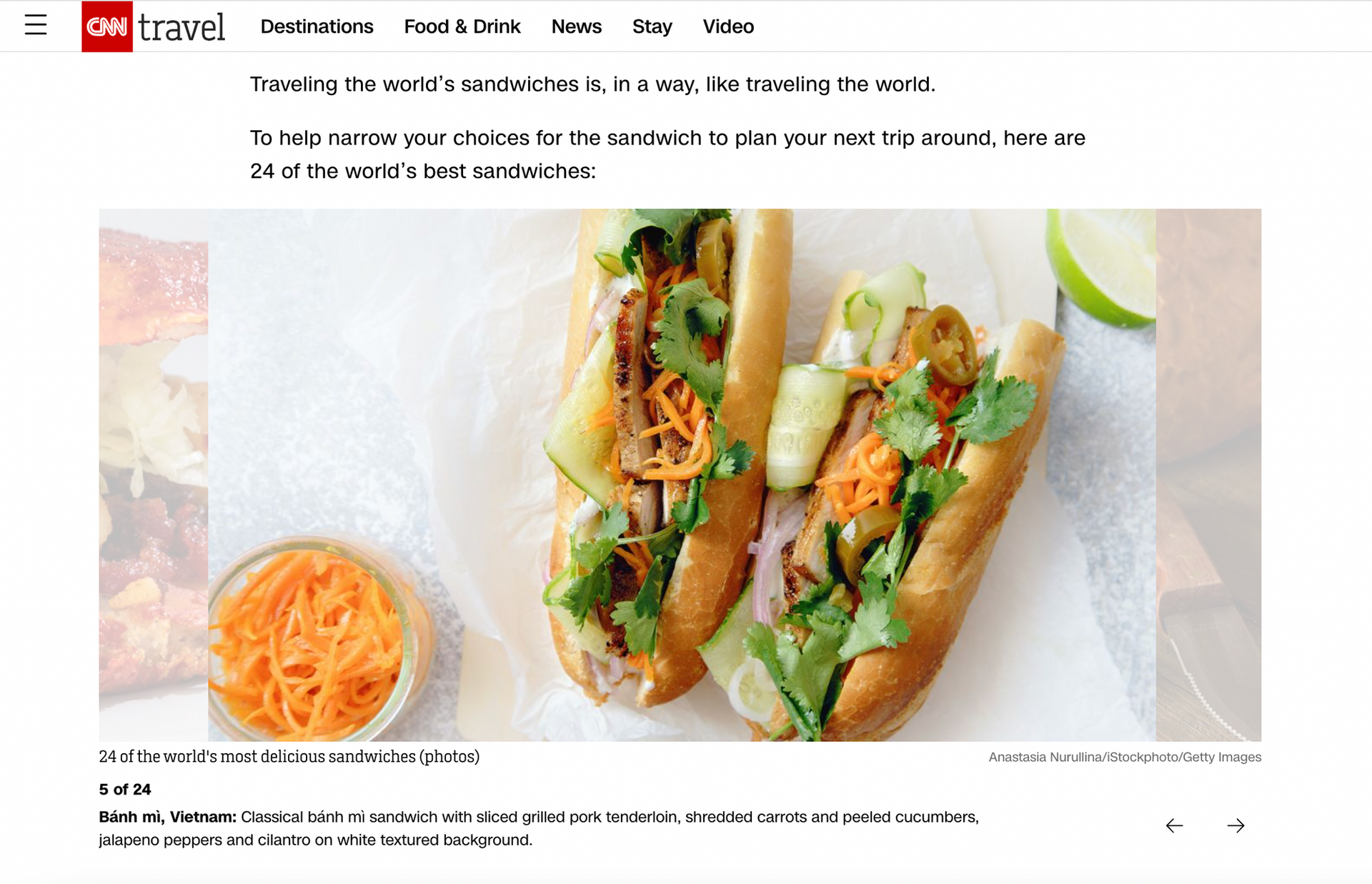 Bánh mì Việt Nam đứng thứ 5 trong top 24 món sandwich ngon nhất thế giới do CNN Travel bình chọn vào tháng 4-2023 - Ảnh chụp màn hình