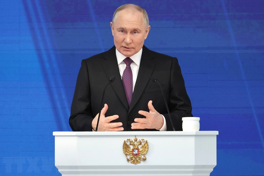 Tổng thống Nga Vladimir Putin phát biểu tại Moskva ngày 29/2/2024. (Ảnh: AFP/TTXVN)