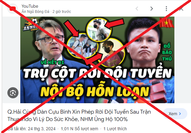 Một trang thông tin đưa tin bịa đặt, gây ảnh hưởng xấu đến đội tuyển Việt Nam trước ngày tái đấu Indonesia - Ảnh: Chụp màn hình