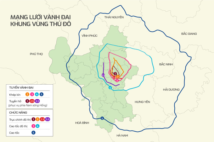 7 tuyến đường vành đai của TP Hà Nội theo quy hoạch giao thông vận tải đến 2030, tầm nhìn 2050. Đồ họa:Tiến Thành