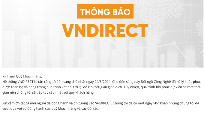 Thông báo của VNDirect trên website của công ty vào đầu giờ sáng 25/3, các hệ thống giao dịch trực tuyến vẫn chưa thể truy cập. Ảnh chụp màn hình