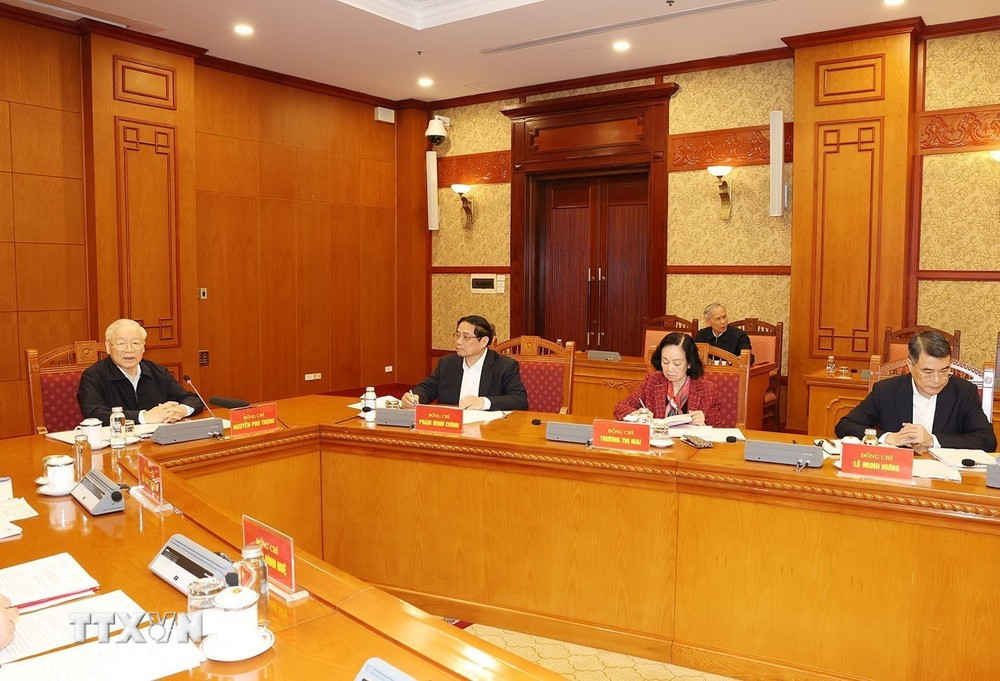 Tổng Bí thư Nguyễn Phú Trọng chủ trì phiên họp đầu tiên Tiểu ban Nhân sự Đại hội XIV của Đảng ngày 13/3/2024. (Ảnh: Trí Dũng/TTXVN)