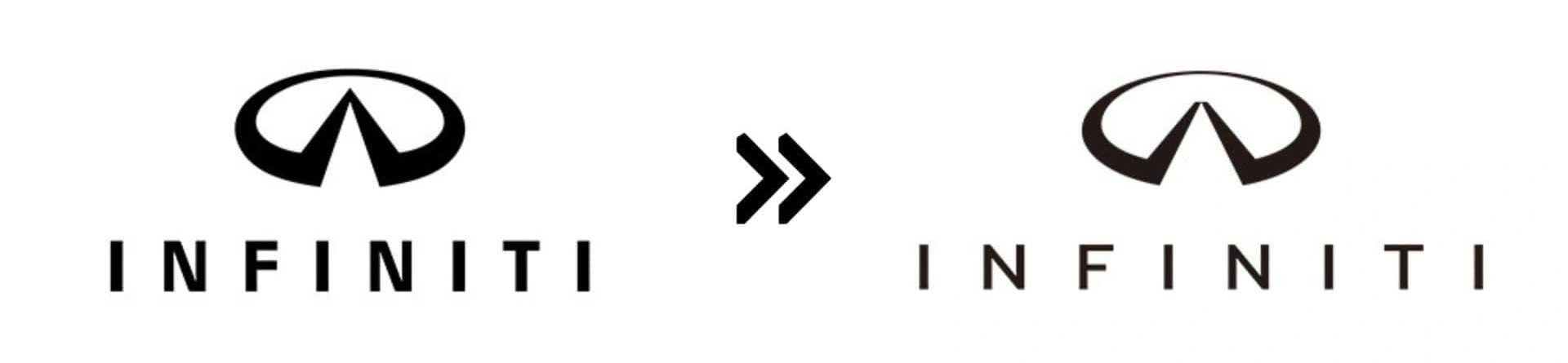 Infiniti (2023): Logo mới của Infiniti nhìn như được kéo giãn từ logo cũ. Logo chính phía trên giờ không còn khép kín - Ảnh: Motor1