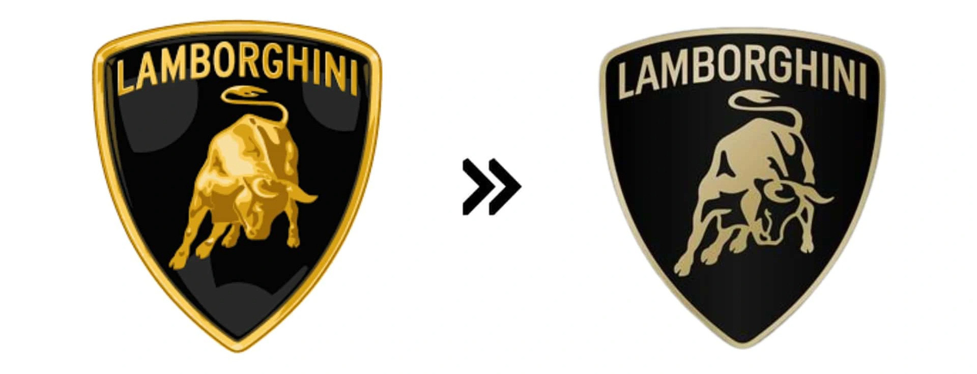 Lamborghini (2024): Hãng xe mới nhất vừa thay đổi logo trong năm 2024. Tông màu logo mới ôn hòa hơn với các đường nét chiều sâu 3D ở cả khiên ngoài lẫn biểu tượng bò bên trong đã bị loại bỏ hoàn toàn - Ảnh: Motor1