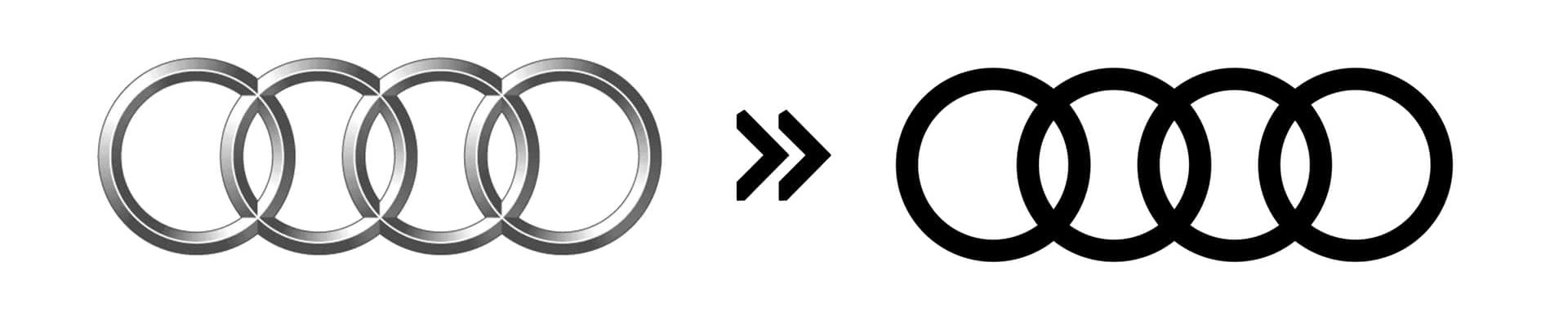 Audi (2022): Biểu tượng 4 vòng tròn của Audi sử dụng từ năm 2005 đã được thay mới vào 2022, khi bỏ đi giao diện 3D màu bạc để thay bằng 4 vòng tròn không thể đơn giản hơn - Ảnh: Motor1