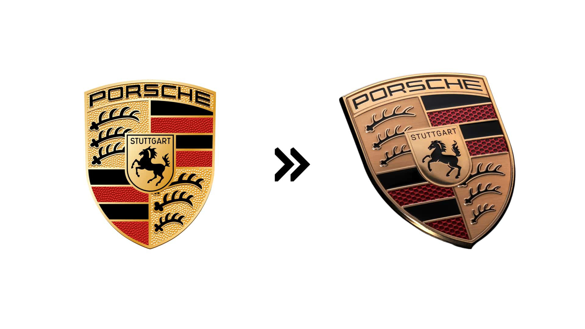 Porsche (2023): Biểu tượng hình khiên của Porsche vừa được làm lại với giao diện phẳng, lưới tản nhiệt dạng mắt tổ ong tại các thanh ngang màu đỏ cùng hình sừng hươu được chuốt gọn - Ảnh: Motor1