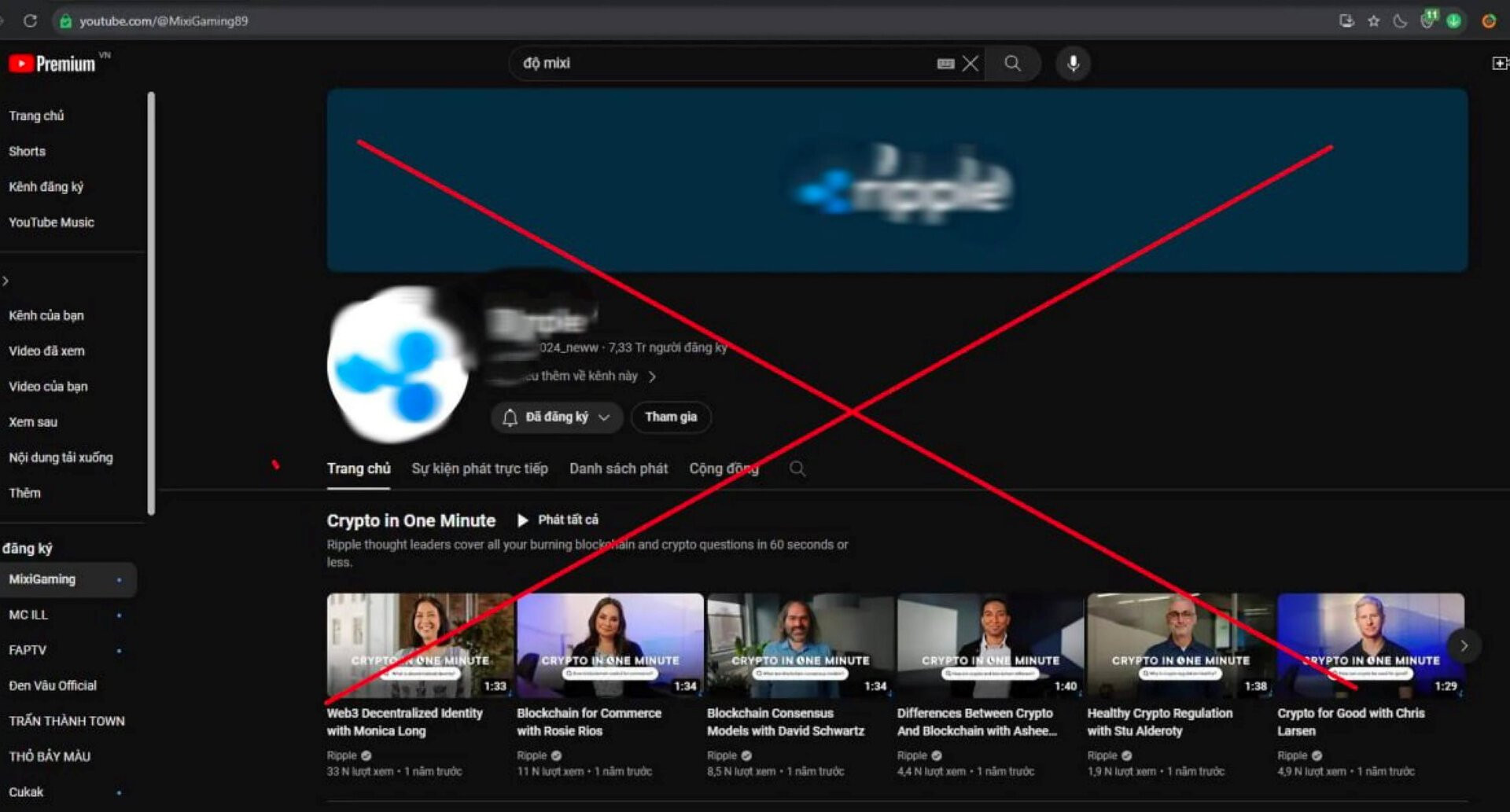 Kênh YouTube Độ Mixi bị thay đổi nội dung và thông tin thành trang livestream tiền ảo.