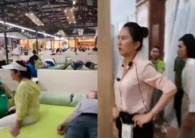 Các du khách nằm, ngồi lên các sản phẩm đệm được trưng bày trong cửa hàng. Nhân viên bán hàng đứng canh để ngăn khách rời đi. Ảnh: Weibo