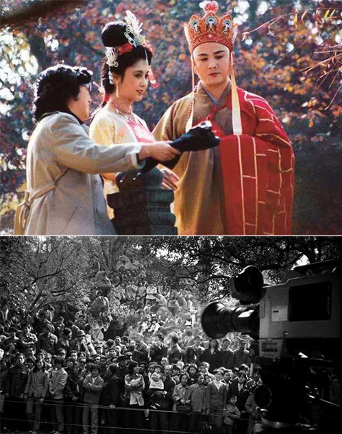 Ảnh trên: Đạo diễn Dương Khiết (phải) hướng dẫn Chu Lâm, Từ Thiếu Hoa. Phía dưới: Khán giả tụ tập xem diễn viên đóng phim. Ảnh: Sina