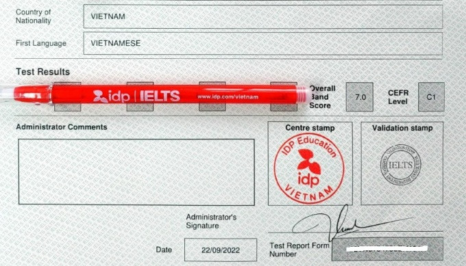 Một chứng chỉ IELTS được cấp vào ngày 22/9/2022. Ảnh: Nhân vật cung cấp