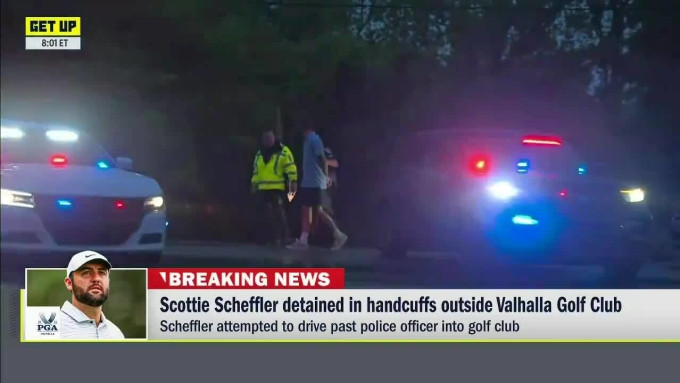 Scheffler bị còng tay, giải về đồn trong sự việc sáng 17/5, theo giờ Kentucky. Ảnh chụp màn hình