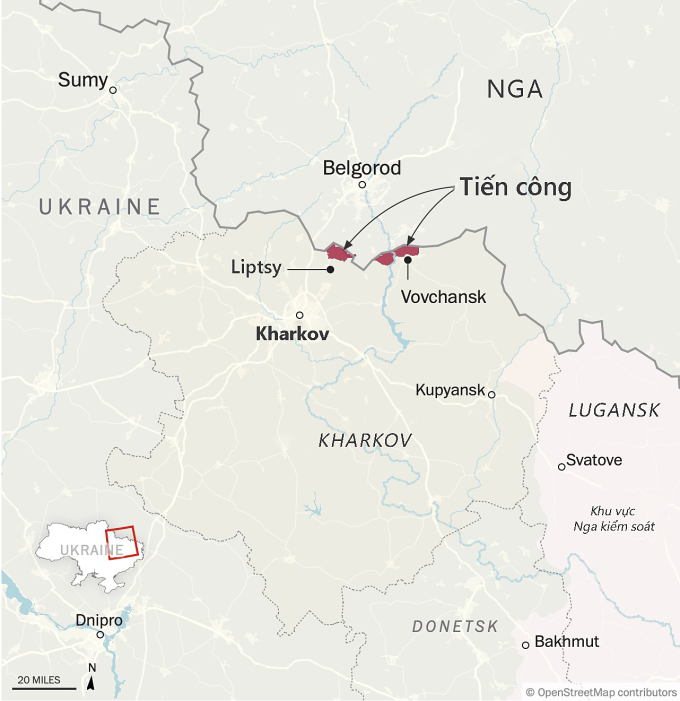Các vị trí tiến công của quân Nga ở tỉnh Kharkov. Đồ họa: ISW, Washington Post