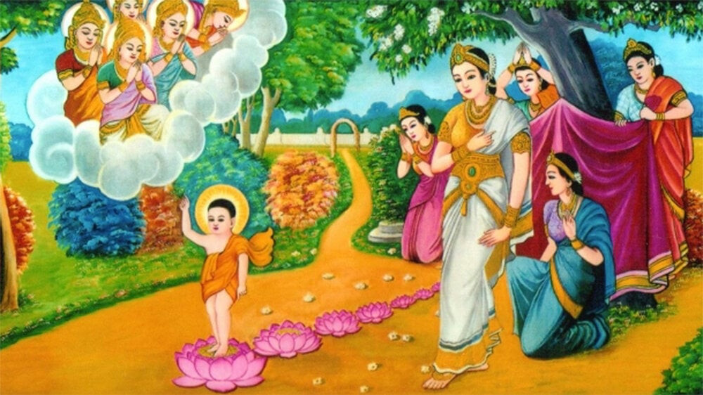 Tranh vẽ sự ra đời của Đức Phật tại vườn Lâm Tỳ Ni.