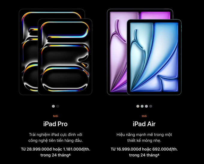 Giá iPad Pro và iPad Air 2024 trên trang web của Apple Việt Nam. Ảnh chụp màn hình