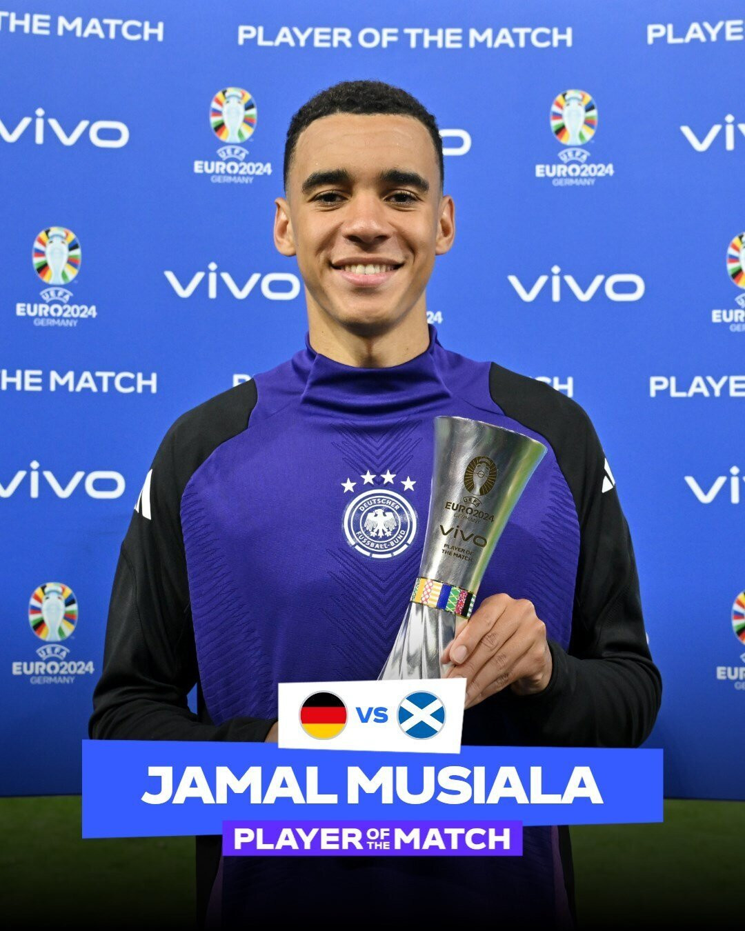 Jamal Musiala giành danh hiệu “Cầu thủ xuất sắc nhất” trong trận Đức thắng Scotland.