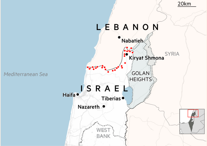 Vị trí khu vực biên giới Israel và Lebanon. Đồ họa: FT