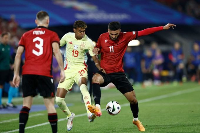 Spains prodigy Lamine Yamal (number 19) plays in their 1-0 win over Albania in the Euro 2024 match on June 25, 2024. Photo by Reuters