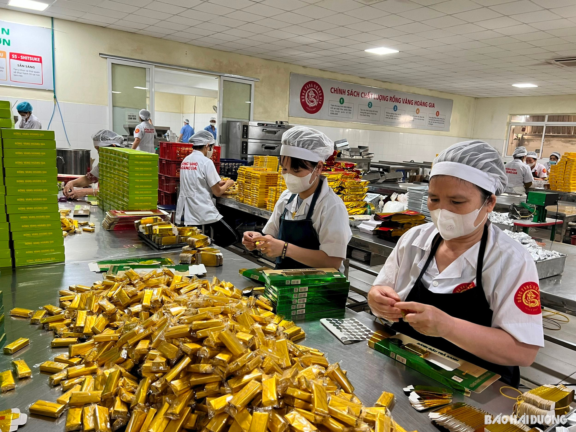 Đóng gói bánh đậu xanh tại Công ty CP Hoàng Giang