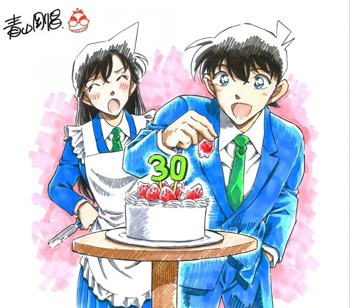 Gosho Aoyama vẽ nhân vật Shinichi Kudo và Ran, mừng bộ truyện 30 tuổi. Ảnh: Jump