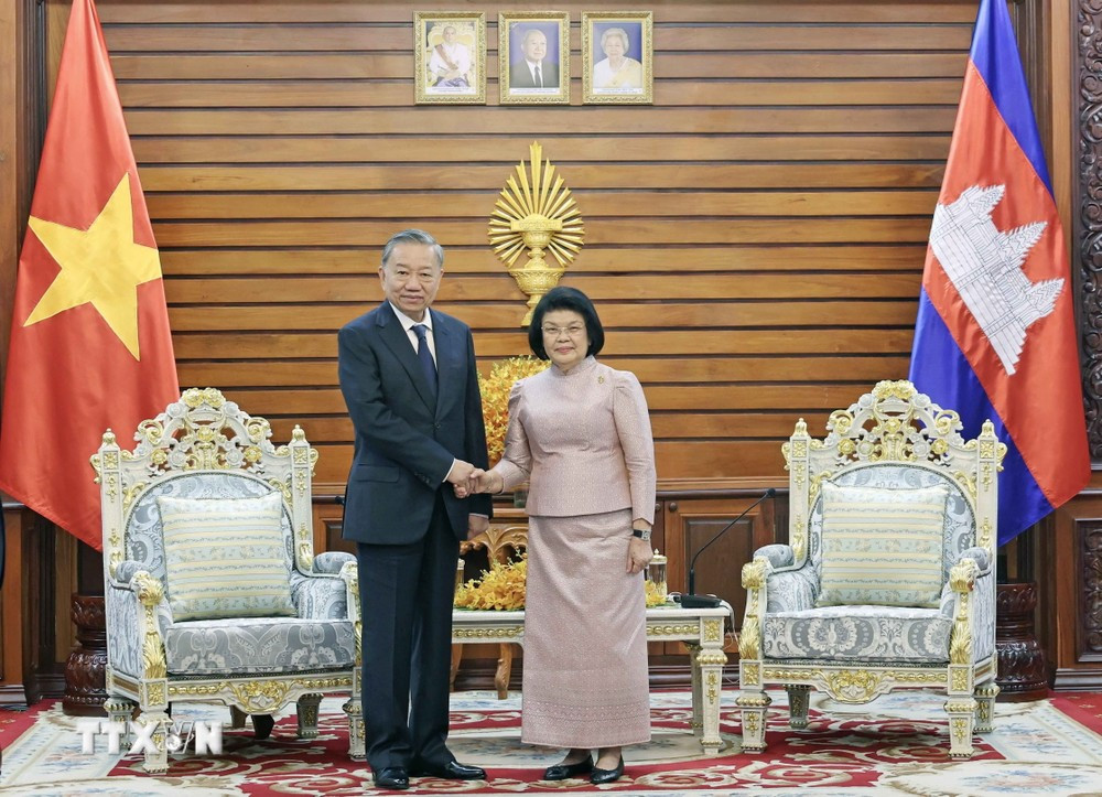 Chủ tịch nước Tô Lâm hội kiến Chủ tịch Quốc hội Campuchia Khuon Sudary. (Ảnh: Nhan Sáng/TTXVN)