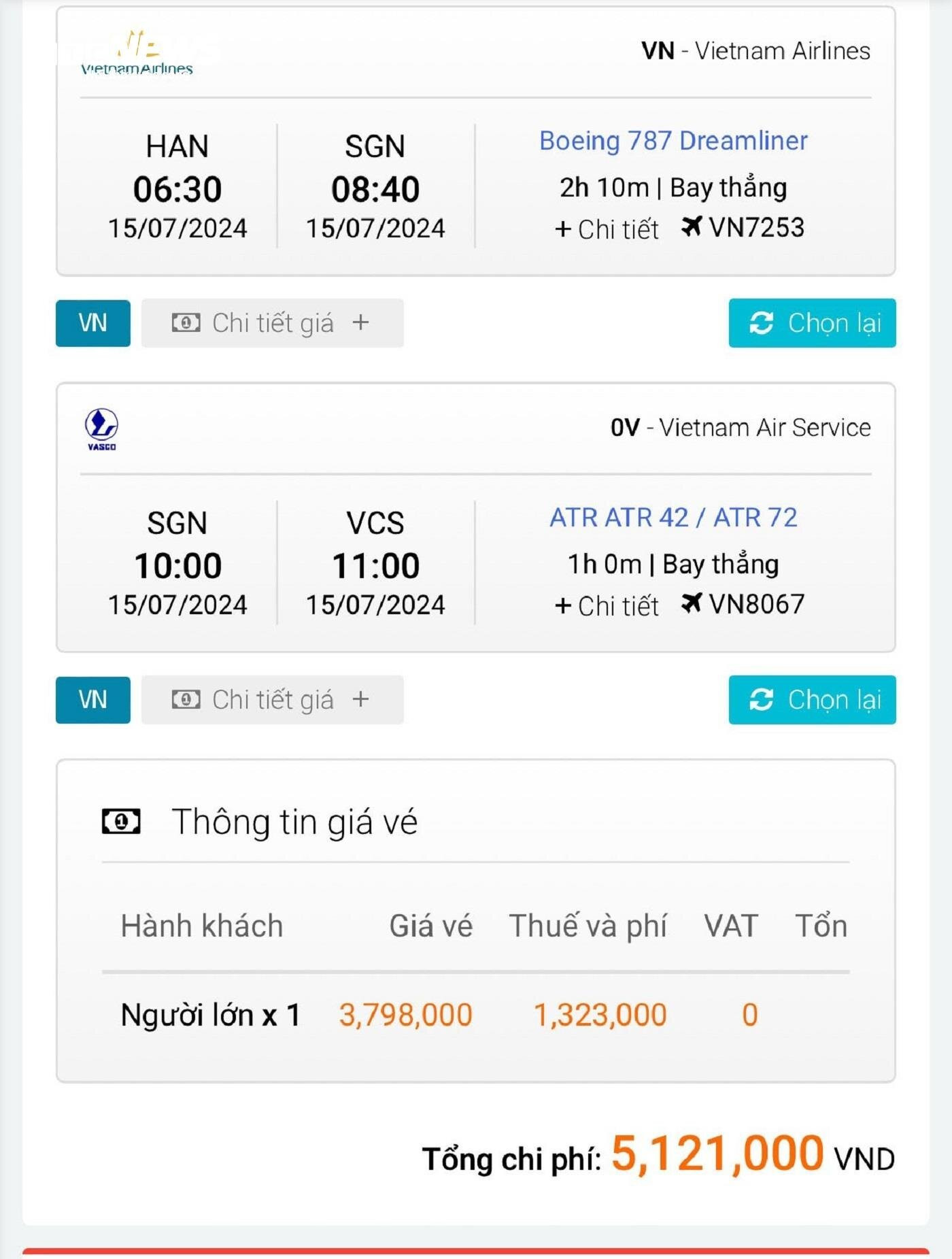 Vé máy bay chặng Hà Nội Côn Đảo lên đến hơn 5 triệu đồng. (Ảnh chụp màn hình)