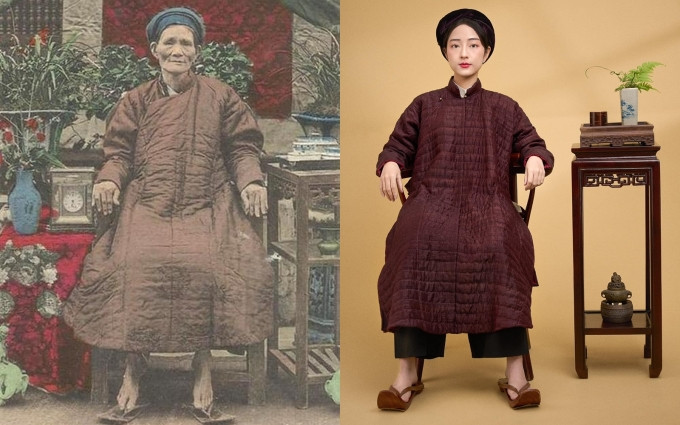 Áo ngũ than tay chẽn, chần bông bằng tay, làm từ vải tơ thủ công sống, phỏng dựng từ hình ảnh tư liệu thời Nguyễn. Ảnh: Đông Phong