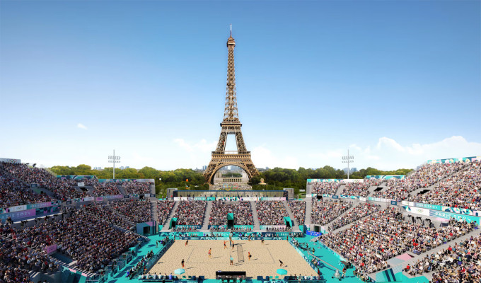 Hình ảnh mô phỏng địa điểm thi đấu môn bóng chuyền bãi biển. Ảnh: Website Olympic 2024