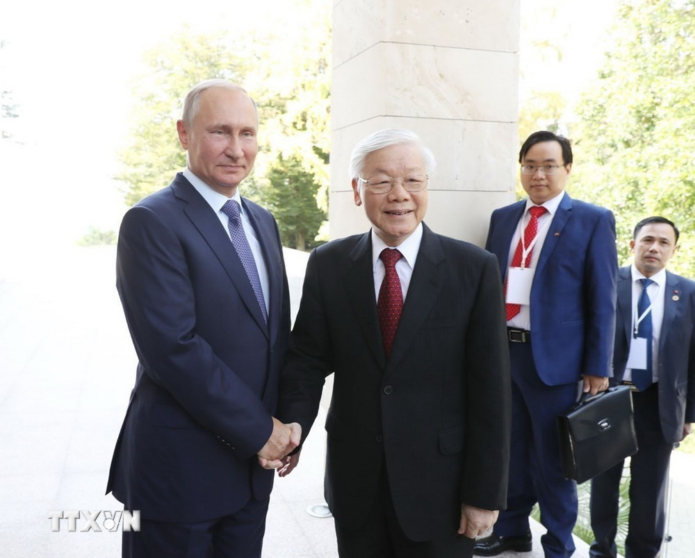 Tổng thống Vladimir Putin đón Tổng Bí thư Nguyễn Phú Trọng thăm chính thức Liên bang Nga (6/9/2018). (Ảnh: Trí Dũng/TTXVN)