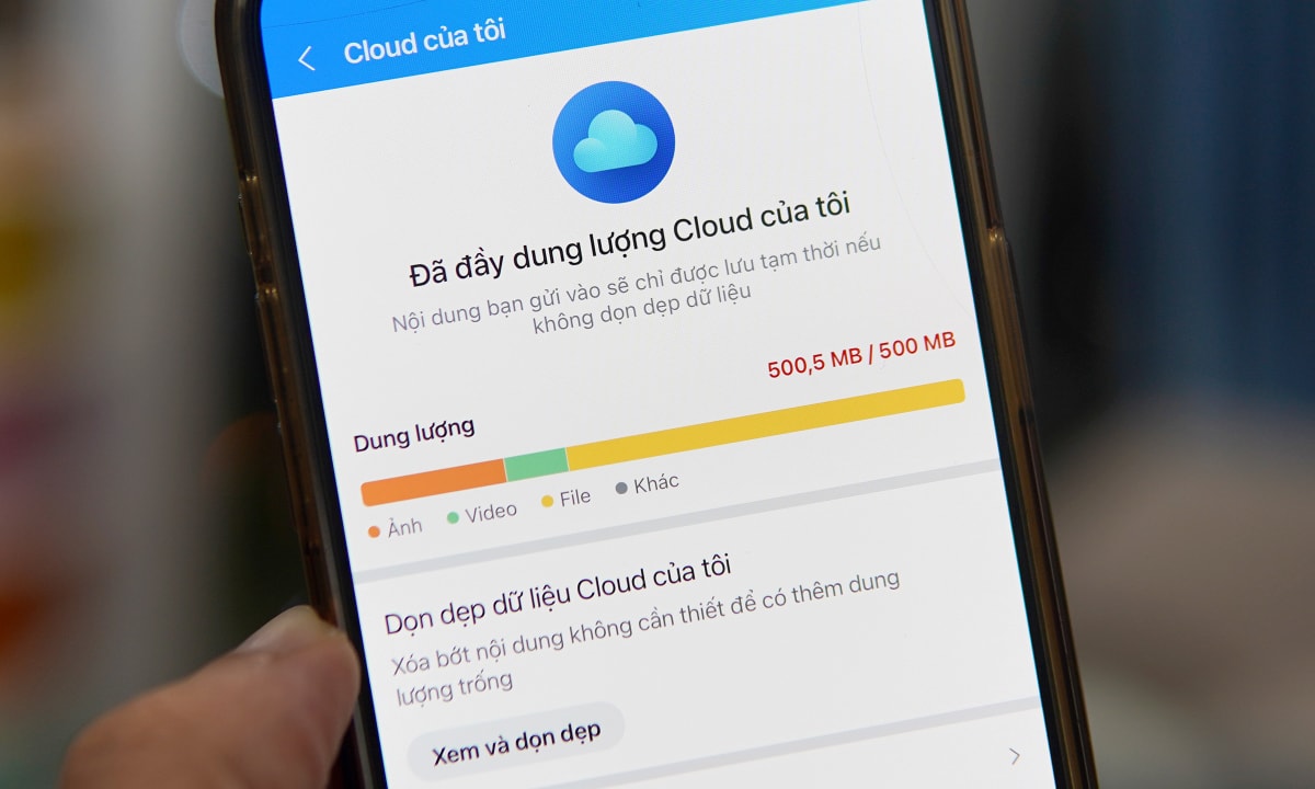 Cloud của Zalo hiển thị dung lượng 500 MB. Ảnh: Lưu Quý