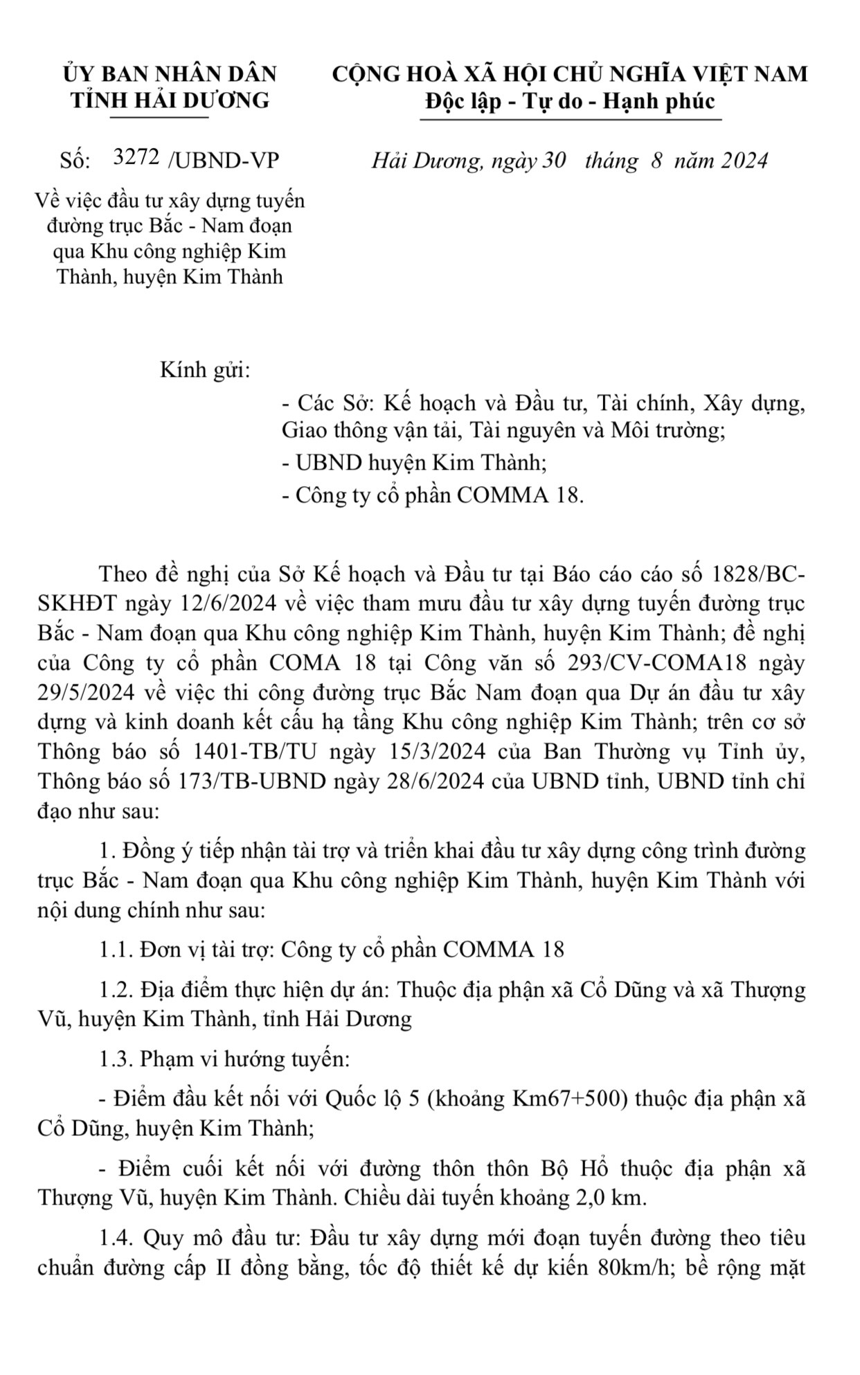 Công ty CP COMMA 18 tài trợ khoảng 150 tỷ đồng xây dựng đường trục Bắc – Nam tỉnh đoạn qua khu công nghiệp Kim Thành