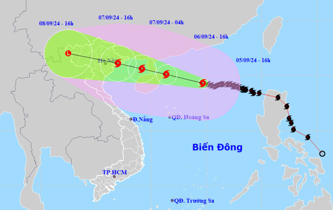 Dự báo đường đi và khu vực ảnh hưởng của bão Yagi lúc 16h ngày 5/9. Ảnh: NCHMF