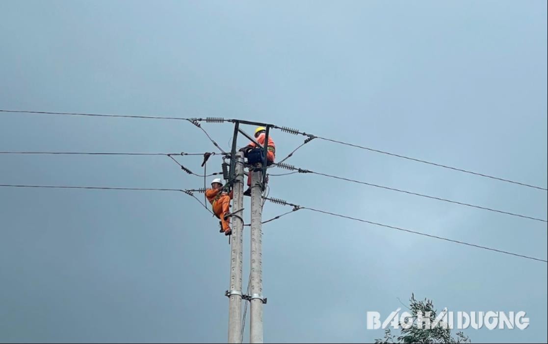 Ảnh trang 1: Đội Bến Tắm (Điện lực Chí Linh) khắc phục sự cố tại đường dây 35kV cấp điện cho toàn bộ xã Hoàng Hoa Thám