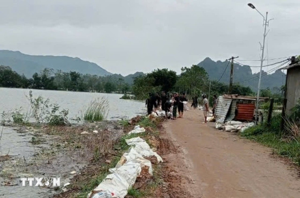 Các lực lượng xã Nam Phuơng Tiến (huyện Chuơng Mỹ, Hà Nội) khẩn trương hộ đê khi nước sông Bùi dâng cao. (Ảnh: TTXVN phát)